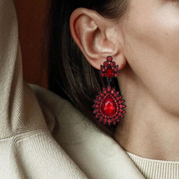 Carbon Black with Ruby Red Crystal Art Deco Chandelier Dangling Post Earrings - Picture 3 of 4